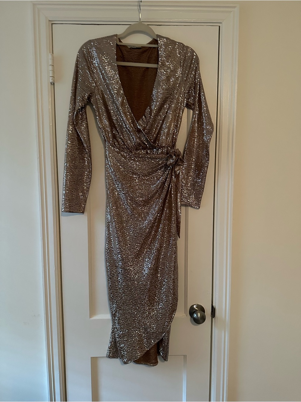 Show Me Your MuMu Rose Gold Sequin Wrap Midi Dress